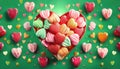 heart colored candies on green background