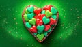 heart colored candies on green background