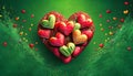 heart colored candies on green background