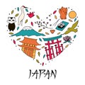 The heart with colored symbols of Japan. Japanese culture and ar
