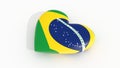 Heart in the colors of Brazil flag, on a white background, 3d rendering.