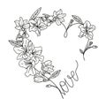 Vector Heart with doodle-style flowers. Symbol of Love in the form of a frame with flowers and leaves in the style of line art. Royalty Free Stock Photo