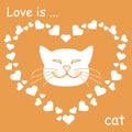 Heart composed of many hearts and cute cat. Design for banner, poster or print. Valentine`s Day