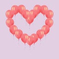 Heart composition of realistic air flying red balloons with reflects isolated on pink background. Festive decor element for Birthd