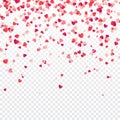 Heart confetti. Valentines, Womens, Mothers day background with falling red and pink paper hearts, petals. Greeting