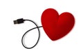 Heart connected with USB plug on white background - Concept of love Royalty Free Stock Photo