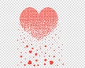 Heart consisting of many small pixel hearts dissolves, crumbles in the form of leaves. Vector illustration, banner. Isolated.