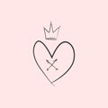 Heart, crown, crossed arrows drawn by hand. Cute romantic sketch, doodle.