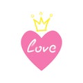 Heart with crown and love text drawn by hand with watercolor brush. Sketch, grunge, paint. Royalty Free Stock Photo