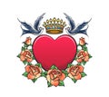 Heart with Crown swallows and rose Wreath Tattoo