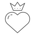 Heart with crown thin line icon. Valentines heart vector illustration isolated on white. Queen heart outline style