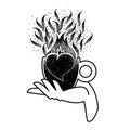 Heart in cup of coffee in hand. Love for strong espresso. Coffee mania. Vector illustration. Black and white sketch