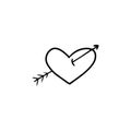 Heart with cupid arrow inside in black isolated on white background. Hand drawn vector sketch illustration in doodle vintage Royalty Free Stock Photo