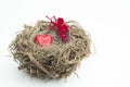 Heart and cupid figure placed into a wooden bird nest Royalty Free Stock Photo