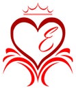 Heart decorated with abstract elements and the letter E, white and red, isolated. Royalty Free Stock Photo