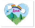 Heart with decoration and landscape in the interior. Rainbow and flowers with LGTB colours