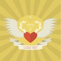 Heart With Deer Antlers And Wings On Yellow.