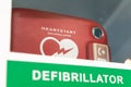 Heart defibrillator service box or AED in the public location for emergency case, automated external CPR tool in airport