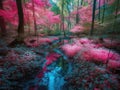 Dreamlike forest glade with neon pink and blue hues