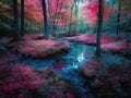 Dreamlike forest glade with neon pink and blue hues