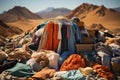 In the heart of the desert, a monument to excess stands tall; used clothes create an unsettling tableau of consumption.