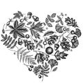 Heart design with black and white fern, dog rose, rowan, ginkgo, maple, oak, horse chestnut, chestnut, hawthorn Royalty Free Stock Photo