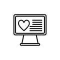 Heart on desktop line icon. Monitor with heart vector illustration isolated on white. Heart on computer outline style