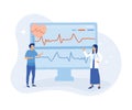 Heart disease screening and diagnostic illustration. Doctor checks blood pressure and examine cardiogram and pulse on EKG monitor