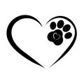 Heart with dog paw isolated on white background. Black abstract symbol of love. Silhouette print or logotype stock vector Royalty Free Stock Photo