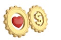 Heart and dollar symbol in gold gears. 3D illustration.
