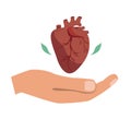 Heart donation vector. Giving hand with heart symbol. The bioengineering technologies for creating viable organs for