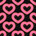 Heart Donut seamless pattern. Cute cartoon doughnuts with pink glaze on black background. Valentines Day Backdrop