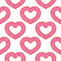 Heart Donut seamless pattern. Cute cartoon doughnuts with pink glaze on white background. Valentines Day Backdrop