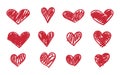 Heart doodle icon set. Hand drawn scribble hearts. Vector red love symbol sketch Royalty Free Stock Photo