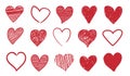 Heart doodle icons. Romantic red symbols for Valentine invitation and greeting cards. Hand drawn decorative elements