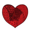 Doodle style red heart with different patterns inside, valentines day card, vector Royalty Free Stock Photo