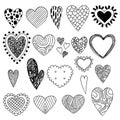 Heart doodles. Valentine day symbols sketch love icons collection beauty ornate stylized hearts vector