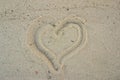 A heart is drawn in the sand. Beach background. Top view Royalty Free Stock Photo