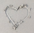 Heart drawn in the sand. Beach background. Top view Royalty Free Stock Photo