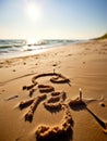 Heart is drawn in sand on beach, with an ?I love you? message written next to it. The heart and message are located Royalty Free Stock Photo