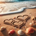 Heart drawn in sand on the beach with sea shells. Valentines day background Royalty Free Stock Photo