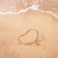 Heart drawn on a sand of beach with the wave of the sea. Free space for your text. Summer holiday concept. Romantic love Royalty Free Stock Photo