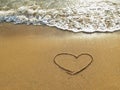 Heart drawn on the sand of a sea beach with white wave at sunset Royalty Free Stock Photo