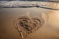 Heart written in the sand on the beach sunset, Generative AI Royalty Free Stock Photo