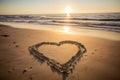 Heart written in the sand on the beach sunset, Generative AI Royalty Free Stock Photo