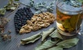 Heart of dried cherries, nuts and dried leaves of tea , side view