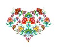 Heart with eastern european decorative ethnic flowers. Watercolor embroidery motif