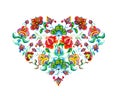 Heart with eastern european decorative ethnic flowers. Watercolor folk art