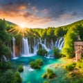 Fantasy waterfall In the heart of an enchanted forest.