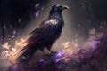 Raven sitting on a branch in an autumn forest